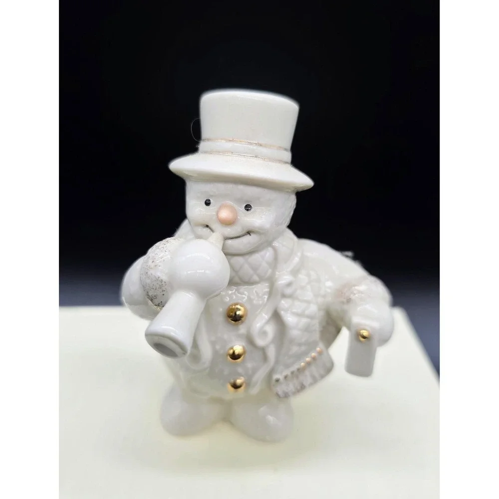 LENOX Celebration Snowman Figurine Ceramic Noisemakers Horn Gold Accents 3.5